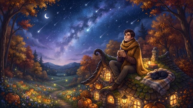 fantasy scene with a man and his pumpkin cottage