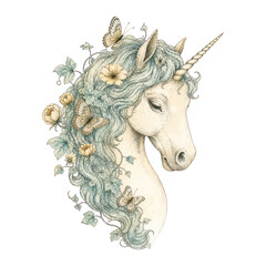 Naklejka premium Elegant unicorn with floral mane and butterflies, PNG on transparent background.