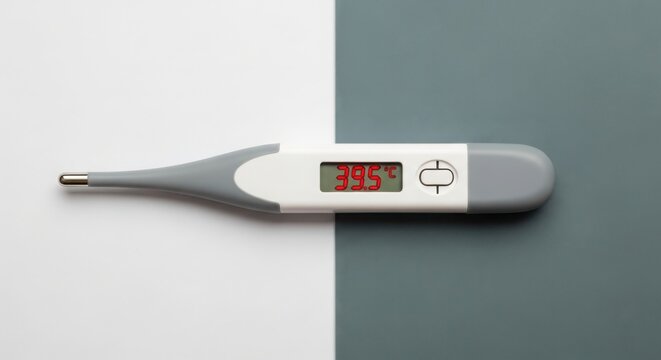 Digital thermometer displaying temperature on white and gray background