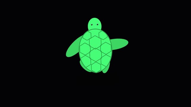 Green sea turtle cartoon animation swimming on black background
