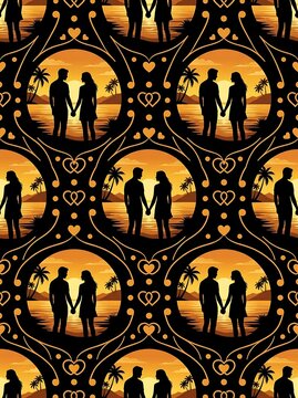 Romantic couple holding hands at sunset beach seamless pattern
