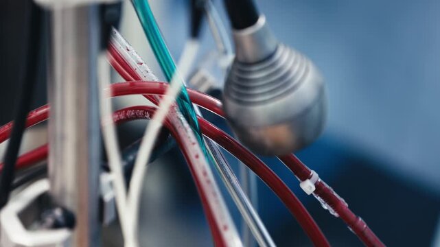 Blood flows through transparent tubing of a heart-lung machine during cardiac surgery. The equipment supports the patient&rsquo;s circulation throughout the procedure.