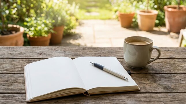 Open notebook with pen and coffee on wooden table