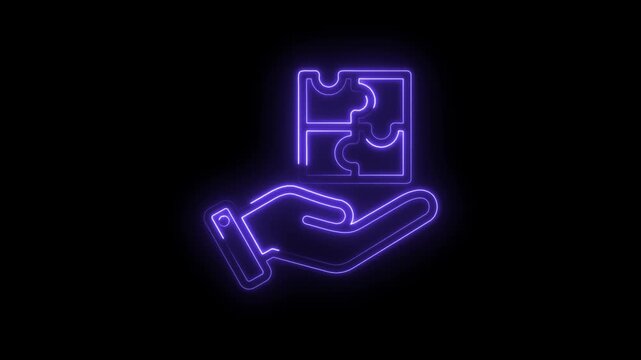 Glowing purple neon hand holding puzzle pieces abstract concept of solution strategy icon