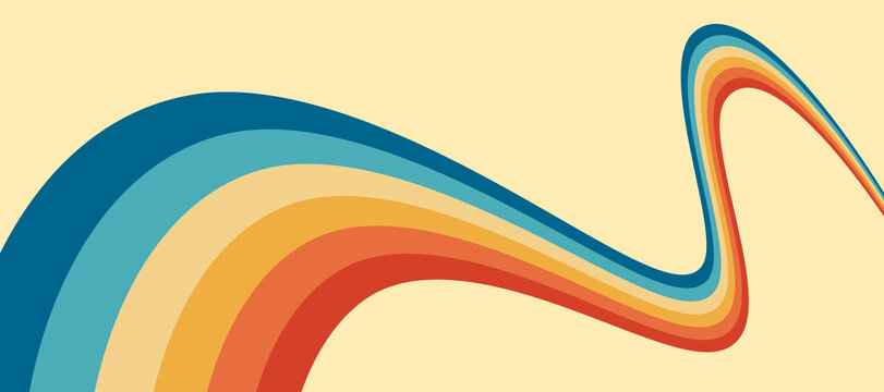 Hot 70s style rainbow wavy lines with perspectives, psychedelic geometric pattern, retro multicolor abstract swirl, vector background