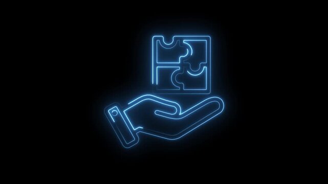 Glowing blue neon hand holding puzzle pieces abstract concept of solution strategy teamwork icon