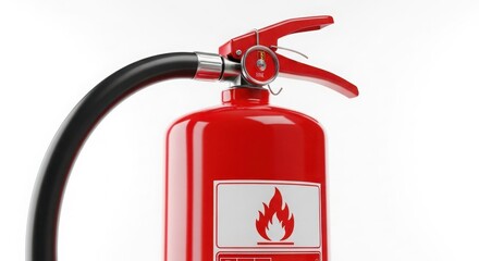 Obraz premium Red fire extinguisher with black hose on isolated white background