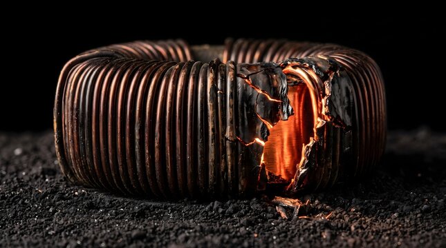 A severely damaged copper toroidal coil glowing with heat, representing system overload, critical component failure, and intense technological burnout.