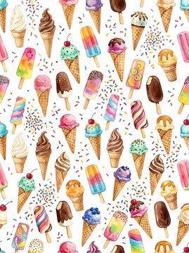 Watercolor ice cream and popsicles seamless pattern with sprinkles