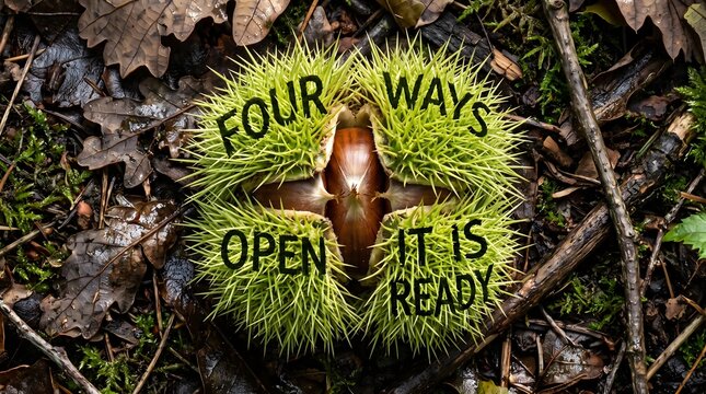 A spiky chestnut burr opening in four directions on woodland soil, a metaphor for readiness, growth, and nature's unfolding potential.