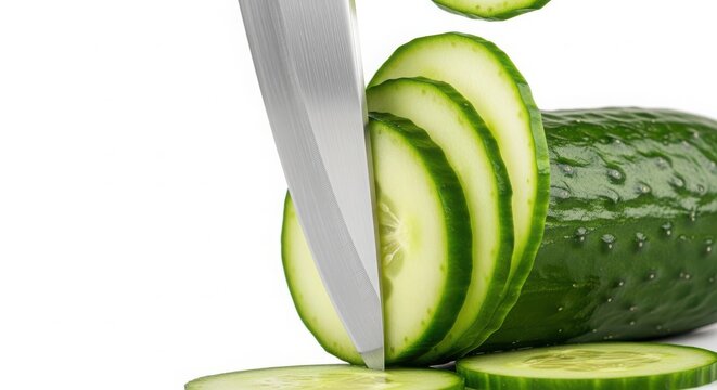 A knife slices through a fresh cucumber on a white surface with slices falling