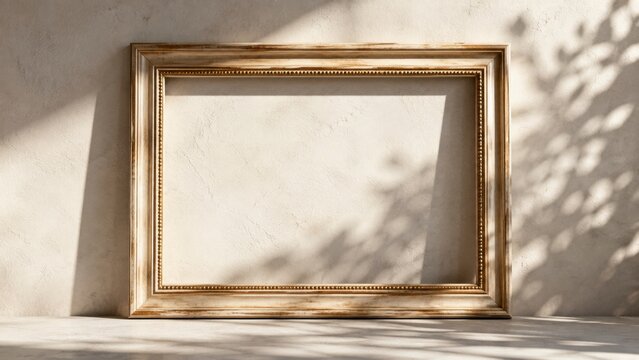An empty gold picture frame leans against a textured wall with leaf shadow and bright sunlight.