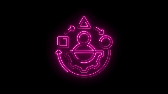 Neon pink abstract workflow process icon with gear and user symbol cycling through stages of