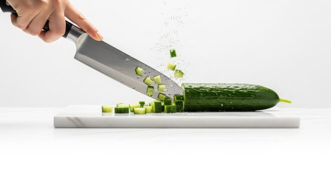 A hand holding a knife slices a cucumber on a white marble cutting board
