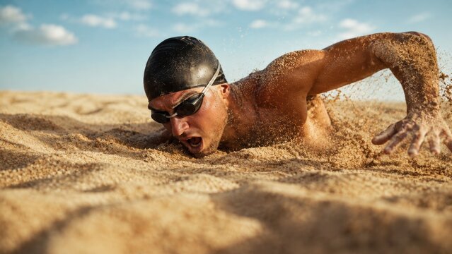 A determined man swimming through sand wearing goggles and a black cap under a sunny sky.