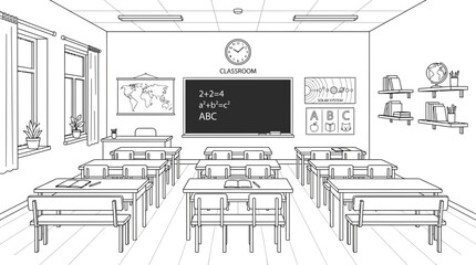 Fototapeta premium Empty School Classroom Interior with Desks Chairs and Educational Posters Line Art Illustration