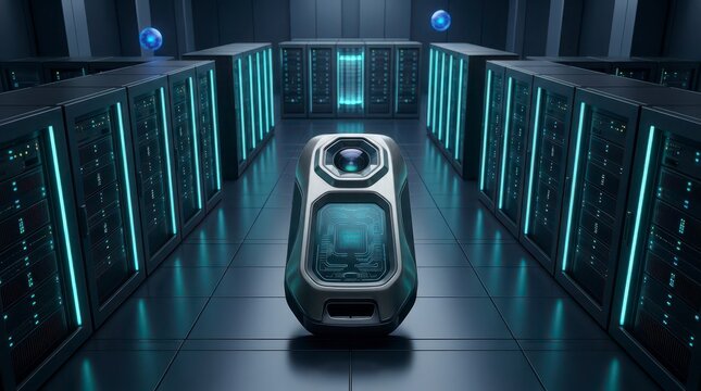 Futuristic AI robot in a high tech server room