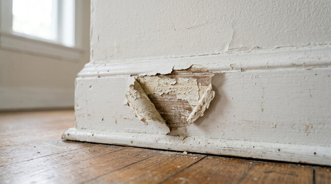 Damage on baseboard with peeling paint in a house interior  