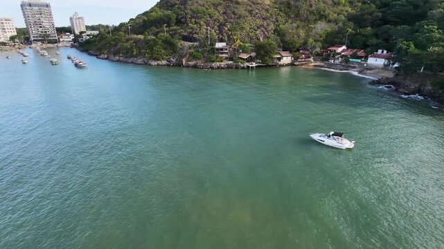 High aerial panorama showing Praia do Ribeiro and Praia do Bananal beaches in Vila Velha Espirito Santo