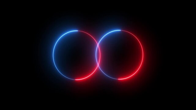 Abstract glowing red and blue circles intersecting symbol two with split
