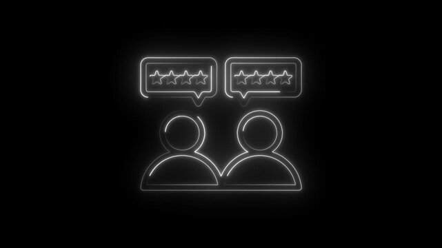Neon outline of two people icons with speech bubbles displaying four stars each representing
