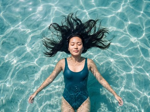Serene Young Woman Floating Blissfully in Crystal-Clear Blue Tropical Water, Enjoying Relaxation and Tranquility.
