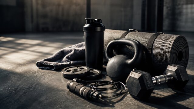 Gym equipment including kettlebell dumbbell and mat arranged on a dark fitness floor.