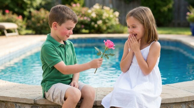 Boy presenting pink rose to girl by swimming pool outdoor photograph affection childhood close-up courtesy dating daylight domestic family flower friendship gesture gift