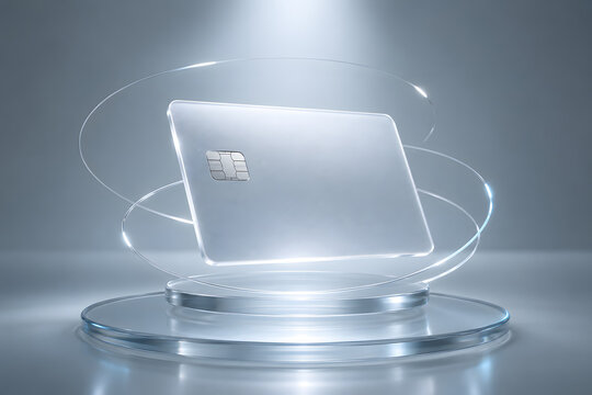 Modern credit card floating above a reflective surface with glowing light trails