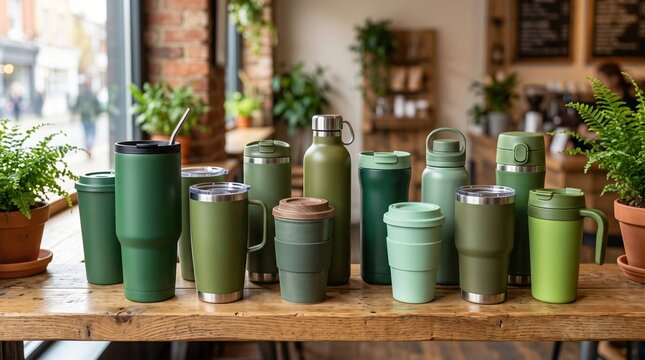 Various green reusable water bottles and coffee tumblers displayed on a wooden table inside a cozy cafe.