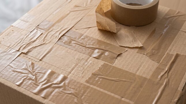A cardboard box sealed with packing tape and brown tape featuring a roll of tape on the package.