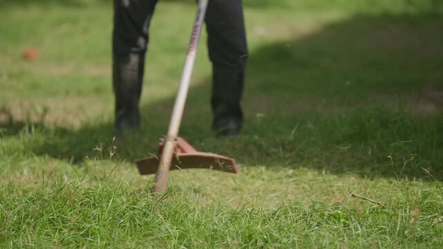Close-up view of a person operating a power trimmer to cut grass, showing practical lawn care, garden maintenance, landscaping work, vegetation control, and outdoor property upkeep.