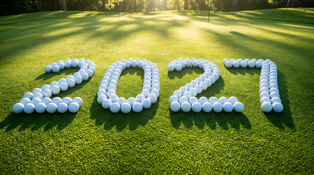Golf balls arranged as the number 2021 on a green grass course during a sunny morning session
