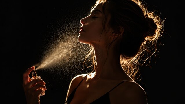 Young woman applying perfume with a spray mist and pleasant fragrance in dark studio lighting.
