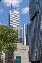 Fototapeta premium view of First Canadian Place, headquarters of BMO Financial Group, from Pearl St and Simcoe St, near the Financial District, Toronto