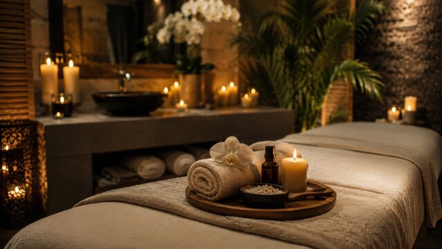An indoor spa massage table featuring a lit candle and clean towel ready for relaxation.