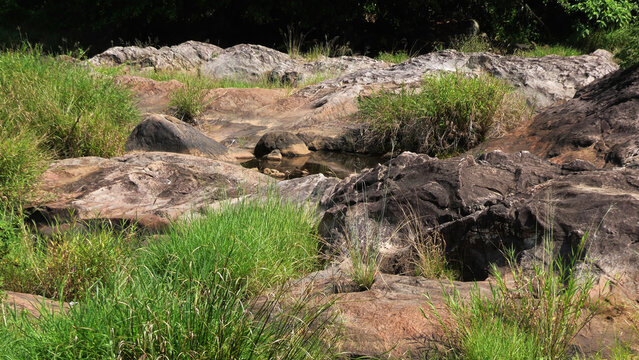 Beautiful rocky landscape adjacent to the Ripple Waterfalls near Munnar, Idukki, Kerala, India