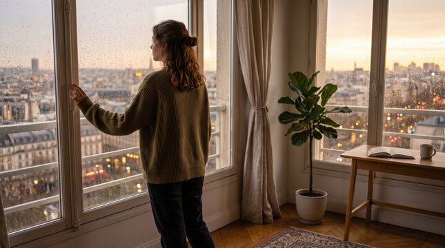 A woman stands by a window in her apartment gazing at the city in the rain.