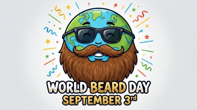 Anthropomorphic earth globe with beard and sunglasses vector illustration facial hair mustache world planet cartoon graphic design celebration holiday event september 3rd day