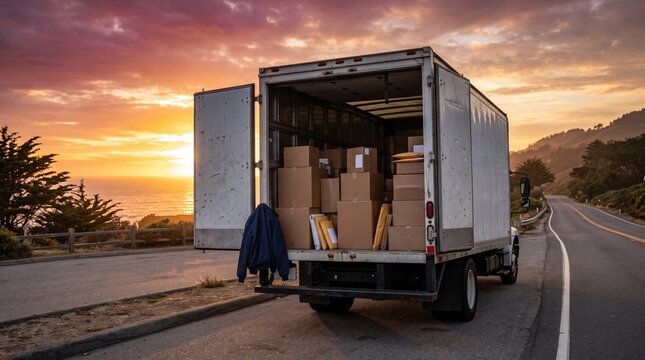 A delivery truck loaded with cardboard boxes parked during a sunset on a coastal road for shipping.