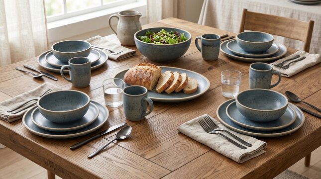 A rustic wooden table set for dining with ceramic plates bowls and sliced bread.