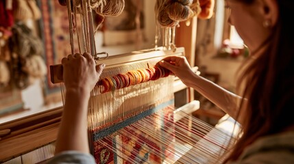 Obraz premium Tapestry weaver beating down a new weft row with a toothed beater comb on a vertical loom. Concept of tapestry weaving technique.