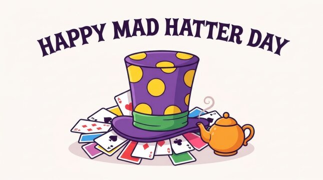 Purple top hat with playing cards and teapot vector illustration alice wonderland mad hatter card deck spades hearts diamonds clubs tea ceramic art