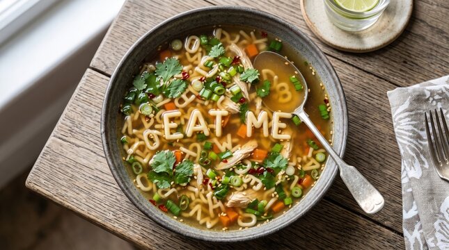 A ceramic soup bowl filled with alphabet pasta and a spoon resting on a rustic wooden table.