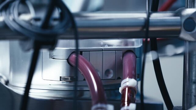 Close-up of roller pumps and blood-filled tubing in a cardiopulmonary bypass machine during heart surgery.