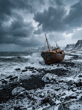 A rusted, derelict fishing boat rests precariously on a rocky shoreline during a violent storm. Heavy rain and turbulent waves crash against the vessel, highlighting its decay and abandonment.