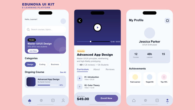 Edunova E learning Mobile App UI Kit Modern Clean Minimalist Design Purple Theme Educational Online Course Interface for Mobile Application Development