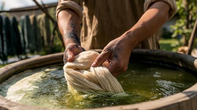 Dyer lowering yarn into a dark indigo vat and watching the color change. Concept of indigo yarn dyeing.
