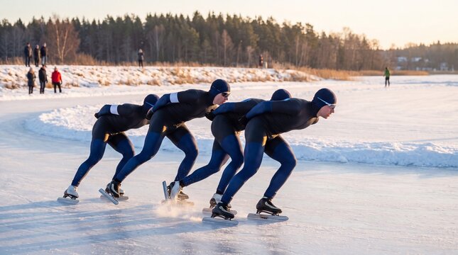 Male athletes enjoying speed skating and winter racing on a frozen ice lake outdoors.