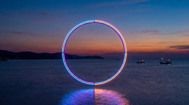 A glowing neon circle hovers above the calm ocean during a colorful sunset casting a bright reflection.